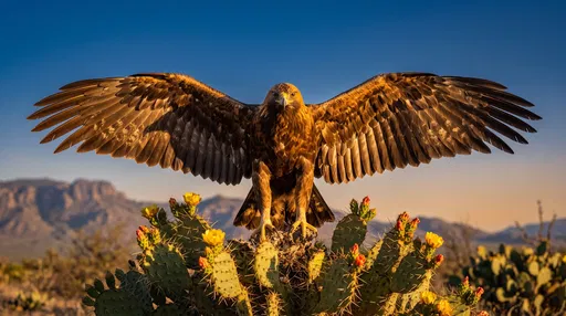 Golden Eagle Perched on Blooming Cactus