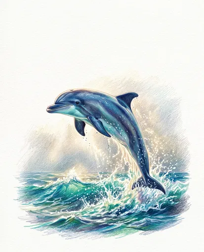 Colored Pencil Dolphin Jumping Over Waves