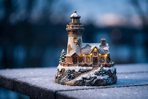 Miniature Christmas Lighthouse on Snowy Table