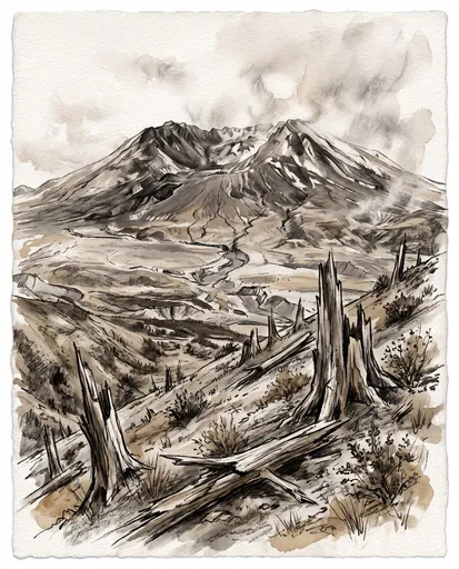 Sepia Watercolor Illustration of Mount St. Helens