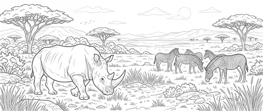 African Savanna Rhino and Zebras Coloring Page