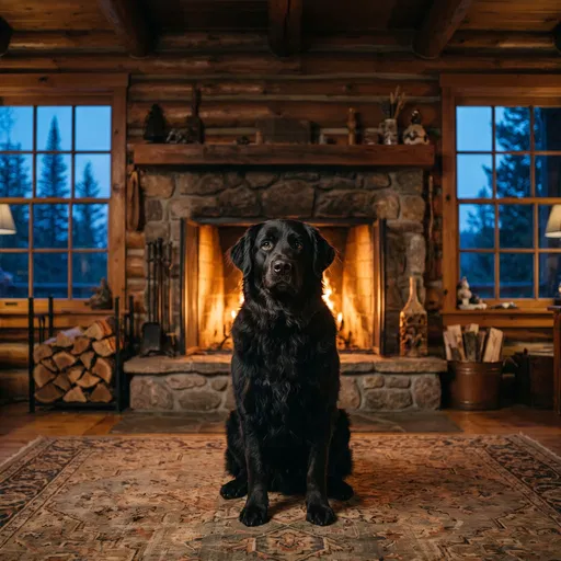 Black Dog Sitting by Cabin Fireplace