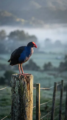Pukeko Bird on Weathered Fence Post