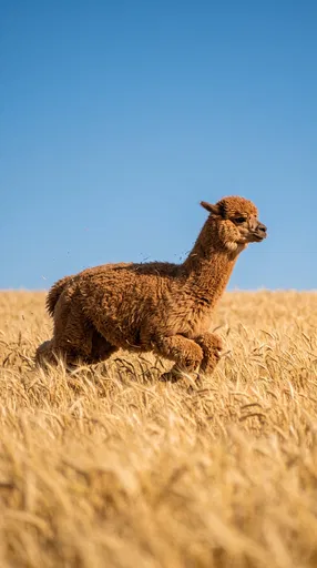 Brown Alpaca Running Through Golden Wheat Field