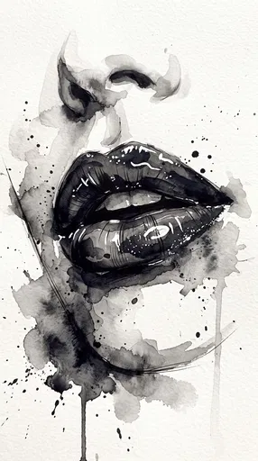 Monochrome Watercolor Glossy Lips Fashion Illustration