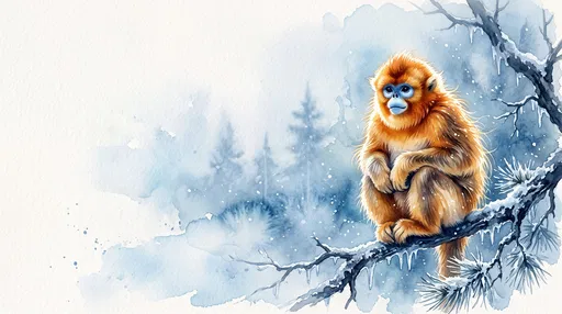 Watercolor Golden Snub-Nosed Monkey on Icy Branch
