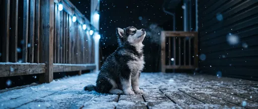 Malamute Puppy on Snowy Porch at Night