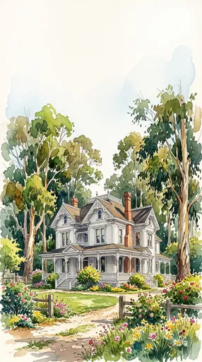 Watercolor Victorian Farmhouse in Blooming Garden