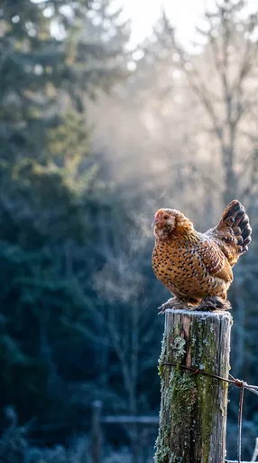 Speckled Bantam Hen on Frosty Post