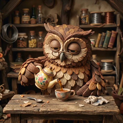 Claymation Owl Pouring Tea