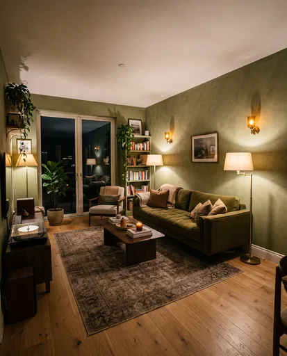 Cozy Olive Green Living Room at Night