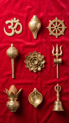 Nine Brass Hindu Symbols on Red Velvet