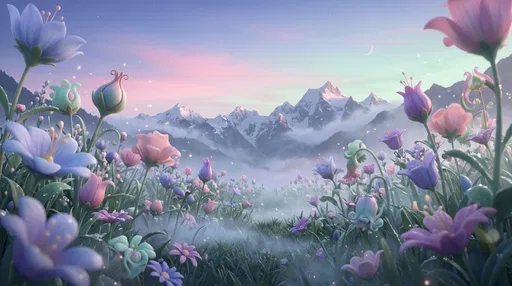 Pastel Wildflower Meadow and Mountains at Dawn