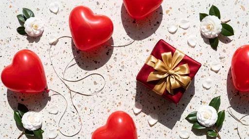 Red Heart Balloons and Gift Flat Lay