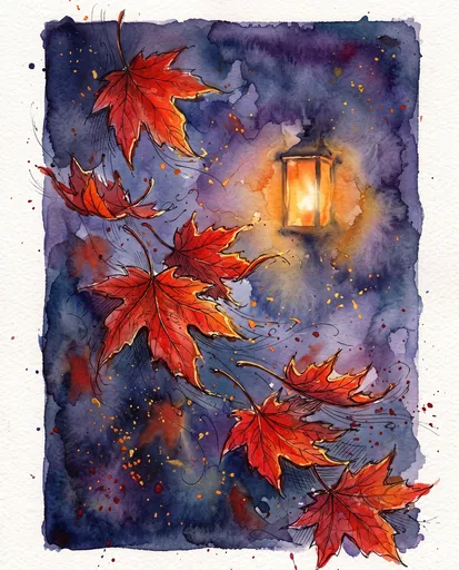 Watercolor Scarlet Maple Leaves and Glowing Lantern