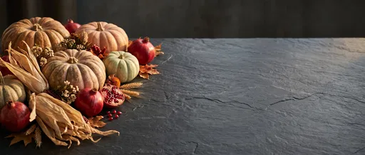 Autumn Pumpkins and Pomegranates on Slate