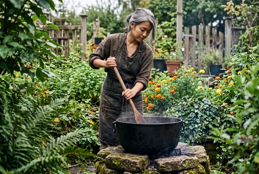Woman Stirring Cauldron in Lush Garden