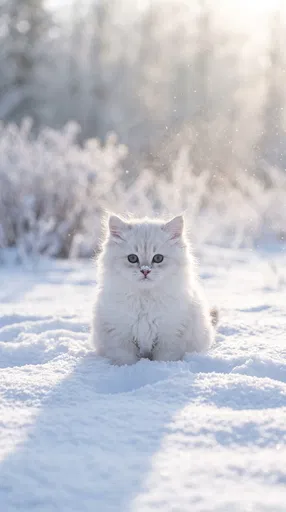 Fluffy White Kitten in Winter Snow