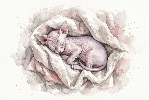 Watercolor Sleeping Sphynx Kitten in Blanket