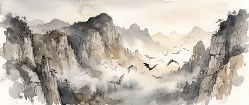Watercolor Karst Mountains with Flying Bats
