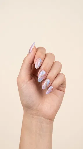 Pastel Marble Almond Nails With Gold Veining
