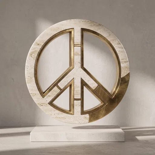 Travertine and Brass Peace Symbol Sculpture