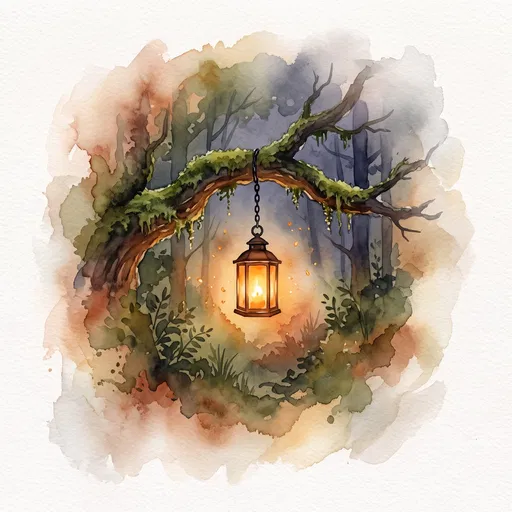 Watercolor Glowing Lantern on Mossy Forest Branch