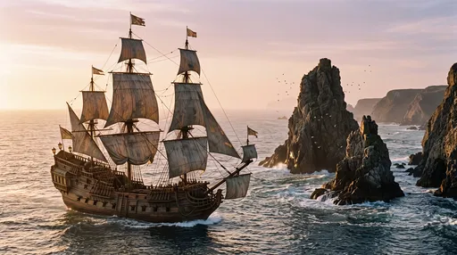 Wooden Galleon Sailing Past Coastal Sea Stacks