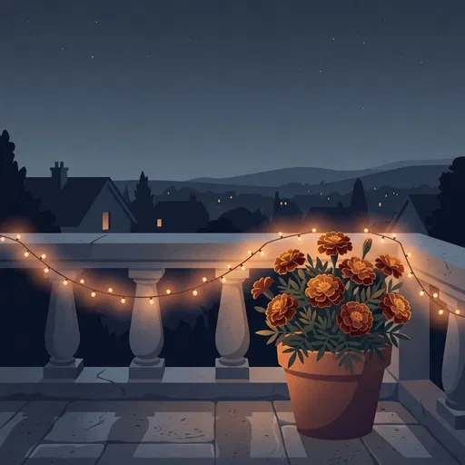 Potted Marigolds on Night Balcony Illustration