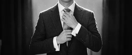 Monochrome Man Adjusting Tie in Suit