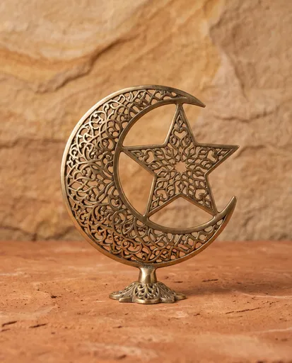 Ornate Brass Crescent and Star Ornament