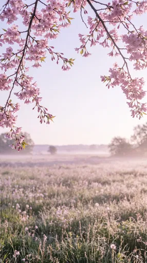 Cherry Blossoms Over Misty Morning Meadow