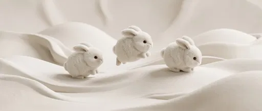 Three Plush White Bunnies on Cream Waves