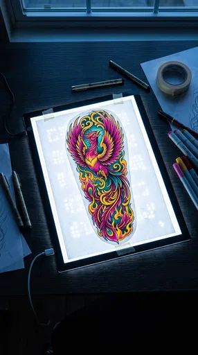 Vibrant Phoenix Tattoo Design on Light Pad