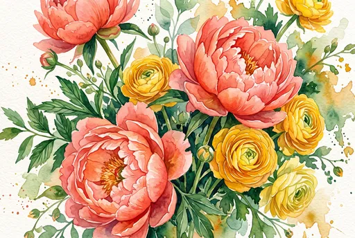 Coral Peony and Yellow Ranunculus Watercolor