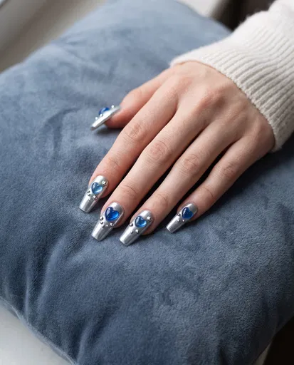 Silver Chrome Manicure With Blue Hearts