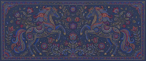 Symmetrical Folk Art Rearing Horses Illustration
