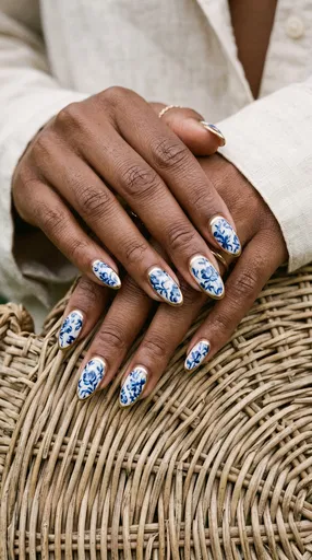 Blue Porcelain Floral Nail Art on Hands