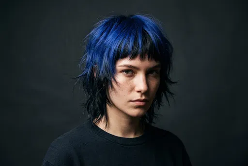 Model with Blue and Black Wolf Cut