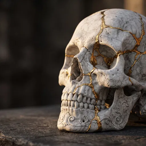Kintsugi White Marble Skull With Gold