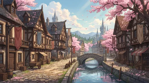 Anime Fantasy Town Street with Cherry Blossoms
