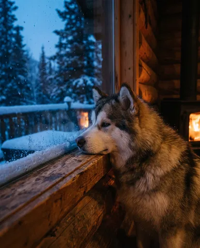 Alaskan Malamute Looking Out Cabin Window