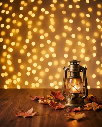 Vintage Brass Lantern With Autumn Leaves