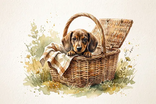 Watercolor Dachshund Puppy in Picnic Basket