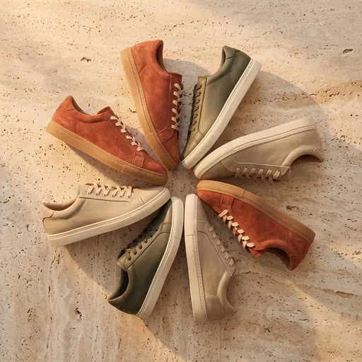 Earth-Toned Sneakers Pinwheel on Travertine