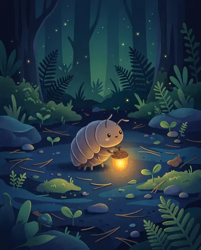 Cute Roly-Poly Bug Holding Acorn Lantern