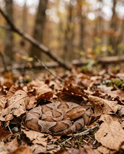 Copperhead Snake Coiled in Autumn Leaves