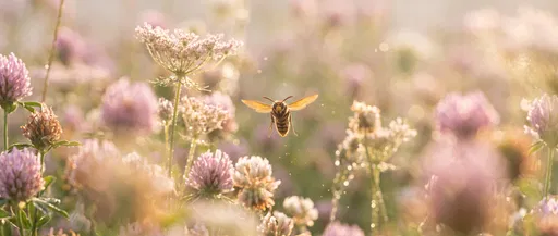 Hornet Hovering in Sunlit Flower Meadow