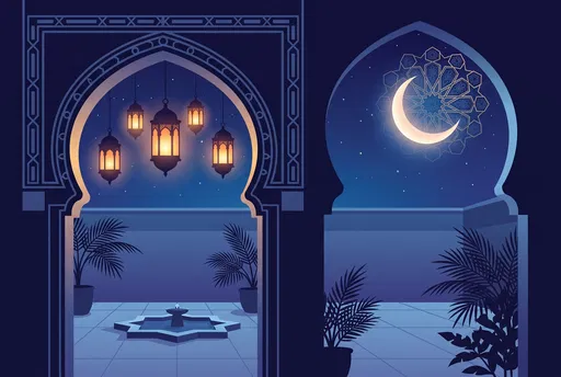 Islamic Courtyard Archways With Moon And Lanterns