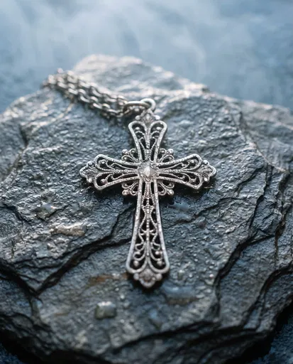Ornate Silver Cross on Wet Slate